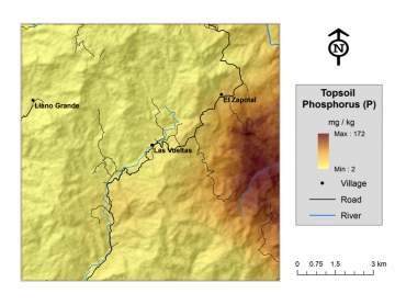 Prediction map for topsoil extractable P levels using QuickBird-derived EVI and ASTER 30m DEM layers as co-variates