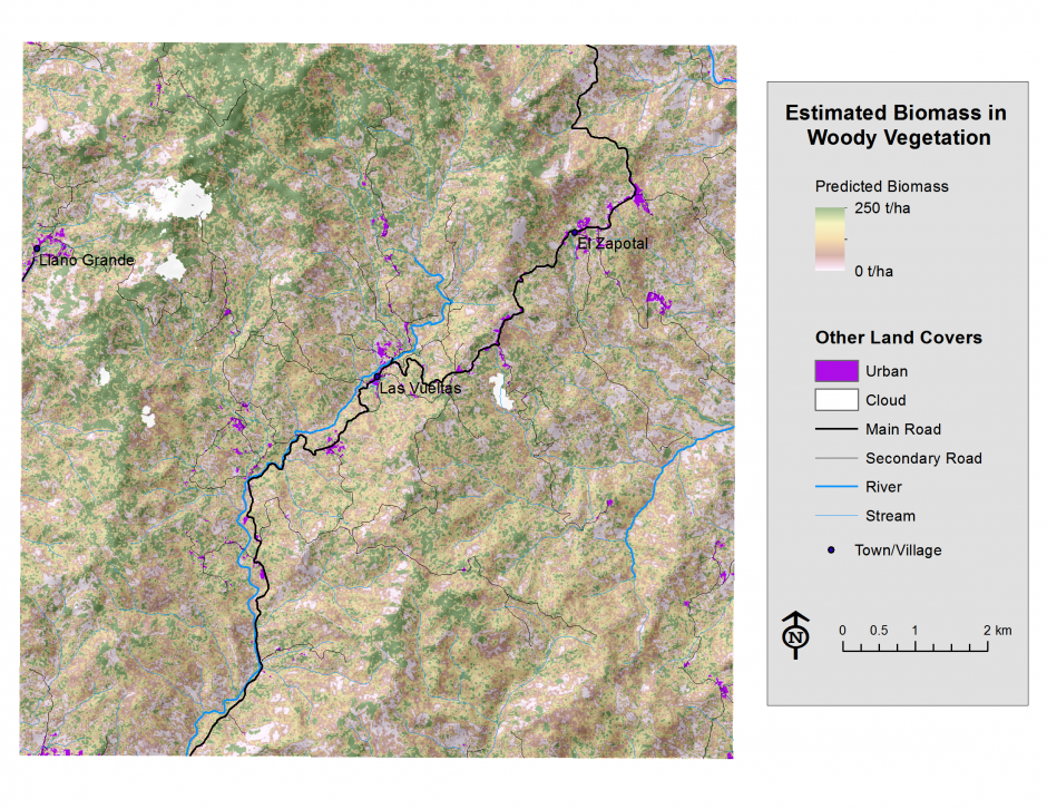 Predicted aboveground woody biomass (AGWB) across the BLA study area